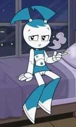 accurate_art_style ai_generated bedroom blowing_smoke cigarette flat_chest half_naked high_quality jenny_wakeman looking_at_viewer my_life_as_a_teenage_robot night pussy robot_girl sitting_on_bed tits