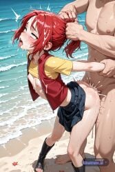 1girl ahegao ai_assisted ai_generated bent_over body_freckles crying cum_on_face drool flat_chest freckles from_side naked naruto nipples red_vest sakura_haruno small_ass wet zipper