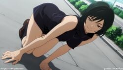 1girl 1girls absurd_res ai_assisted ai_generated anime ass black_hair black_outfit boobs breasts bubble_butt butt crawling curvaceous curvy curvy_figure from_above green_hair high_collar high_resolution highres hourglass_figure huge_ass huge_butt jujutsu_kaisen large_breasts light-skinned_female looking_at_viewer looking_back mai_zenin on_all_fours outdoors patreon patreon_logo patreon_username short_hair sidewalk sleeveless smile solo thick_thighs thighs turtleneck veyluna voluptuous wide_hips yellow_eyes zenin_mai