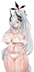 1girls absurdres bare_shoulders bikini blue_archive blue_eyes breasts cameltoe choker cleavage cleft_of_venus collarbone demon_horns female grey_hair groin hair_over_one_eye halo high_ponytail highres horns huge_breasts long_hair looking_at_viewer makoto_(blue_archive) pointy_ears ponytail pussy red_halo see-through_bikini see-through_clothes shangdi_de_fa_zhang smile solo swimsuit thighs very_long_hair white_bikini