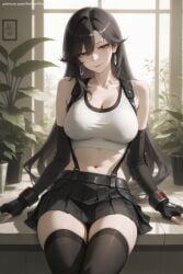 1girl ai_generated bangs bare_shoulders belt black_gloves black_hair black_legwear black_skirt breasts brown_eyes cleavage closed_mouth collarbone earrings elbow_gloves final_fantasy_vii fingerless_gloves gloves hi_res high_quality high_resolution indoors jewelry large_breasts long_hair looking_at_viewer midriff miniskirt navel patreon plant seductive sexy shirt sitting skirt sleeveless smile solo suspender_skirt suspenders tank_top thighhighs tifa_lockhart uncensored watermark
