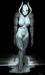 big_breasts black_eyes body_markings completely_nude creepy creepy_smile empty_eyes female female_only full_body hair_between_eyes hanging_breasts large_areolae looking_at_viewer made_in_abyss monochrome muscular muscular_female nsfcrab nude ozen pubic_hair short_hair smile solo standing two-tone_hair wet_body wet_skin