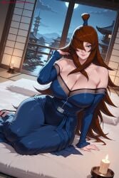 1girl ai_generated arm_support artist_name bare_shoulders blue_dress breasts brown_hair candle cleavage collarbone curvy detached_sleeves dress green_eyes hair_over_one_eye hi_res high_quality high_resolution huge_breasts indoors kiraamane large_breasts lips long_hair looking_at_viewer mei_terumi naruto_(series) off_shoulder patreon sash seductive sexy sitting sky smile solo uncensored watermark wide_hips window