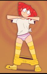 1futa 1girls artist_request birdbrain_teto blush blush_lines blushing bulge bulge_under_clothes clothing crocs eyelashes futanari kasane_teto panties pants_down red_hair simple_background stockings twintails utau white_skin