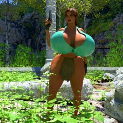 1girls 3d bimbo brown_hair dual_handjob female female_only firearm handgun handwear holding_gun huge_breasts human hyper hyper_bimbo jackd22 jungle lara_croft lara_croft_(classic) large_breasts loinclothv solo tomb_raider weapon