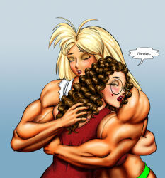 2girls biceps blonde_hair brown_hair dcmatthews female glasses hair hug hugging long_hair muscular_arms