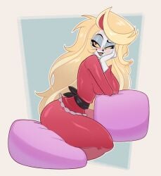 black_lips blonde_hair blush charlie_morningstar charlie_morningstar_(hazbin_hotel) hazbin_hotel messy_hair pajama_pants pajama_shirt pajamas pillows red_pajamas red_pupils stormrayneart thick_thighs white_hair wife_material yellow_eyes