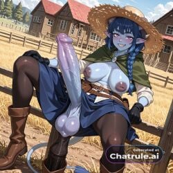 1girl ai_assisted ai_generated anime_coloring blue_hair braided_pigtails chode colored_skin cute_face detailed_penis dynamic_angle excessive_foreskin facing_viewer flaccid_penis freckles futa futanari horns inverted_nipples jester_lavorre light_brown_eyes limp_penis long_hair naked nude phimosis pointy_ears purple_eyes seductive_pose small_penis solo solo_futa straw_hat