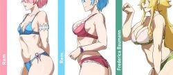 3girls _e_v_o_n_0 akihitoevon big_breasts blonde_hair blue_hair bra breast_comparison breasts frederica_baumann fur_bikini fur_trim medium_breasts panties pink_hair pose posing ram_(re:zero) re:zero_kara_hajimeru_isekai_seikatsu rem_(re:zero) sexy sexy_pose small_breasts smile underwear