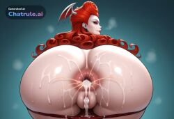 1girl ai_assisted ai_generated bbw big_anus cum_on_face female female_only head_wings jewelry latex_outfit latex_panties makeup pee peeing presenting_ass red_eyes red_lipstick showing_butt
