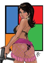 1girls archer_(series) ass big_ass bikini_top brown_hair dark-skinned_female dark_skin earrings female gun lana_kane mesh panties solo tagme_(artist)