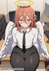 1boy 1femboy ai_art ai_generated androgynous angel_devil_(chainsaw_man) big_ass big_butt chainsaw_man cute cute_expression cute_face femboy femboy_focus femboy_only femboy_view from_above looking_at_viewer looking_up office pants reiarts shirt sitting wide_hips