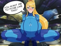 1girls ass blonde_hair blue_eyes blush breasts female high_heels knees_apart_feet_together large_breasts looking_at_viewer metroid nintendo ponytail popped_navel pregnant ready_to_pop samus_aran scarebroart skintight_bodysuit spaceship squatting thick_thighs wide_hips zero_suit_samus