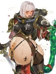 1girls adepta_sororitas anal_jelly anal_object_insertion armor armored_female hyper_pregnancy imminent_corruption imperium_of_man pregnant pregnant_female ready_to_pop sezdraw short_hair sister_of_battle sweat tattoo warhammer_(franchise) warhammer_40k
