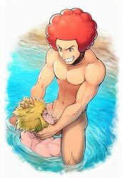 abs blowjob face_fucking flint_(pokemon) in_water male_only naked_male pokemon pokemon_dppt volkner water
