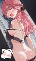 1boy 1girl 1girls absurdres arms_up aru_(blue_archive) ass black_bra black_hair black_panties blue_archive blush bra breasts cardigan cleavage demon_girl demon_horns female halo highres large_breasts long_hair looking_at_viewer lying male open_bra open_mouth open_shirt orange_eyes panties panty_pull panty_pulled_by_self purple_halo red_hair school_uniform shirt timit underwear undone_bra undressing unfastened very_long_hair
