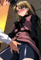1boy 1girl 2000s against_wall ai_assisted ai_generated bike_shorts blonde_hair blush cameltoe chelsea_rorec fingering_pussy masturbating tokyo_underground
