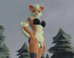 3d_(artwork) anthro arcanine balls bra breasts canid canine clothed clothing digital_media_(artwork) female fur futa_only futanari genitals grey_sky gynomorph hand_on_hip intersex looking_at_viewer mammal nintendo penis plant pokemon pokemon_(species) randomkink solo source_filmmaker tan_balls tan_penis tongue tongue_out tree underwear video_games