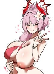 1girls artist_request bikini bikini_top_pull blue_archive blunt_bangs blush bracelet breasts brown_eyes clothes_pull criss-cross_halter earrings female flower hair_flower hair_intakes hair_ornament halo halterneck handjob_gesture highres huge_breasts jewelry long_hair looking_at_viewer multiple_rings official_alternate_costume official_alternate_hairstyle one_breast_out pink_hair puffy_nipples red_bikini red_halo ring satsuki_(blue_archive) satsuki_(swimsuit)_(blue_archive) smile solo swimsuit tagme_(artist) wavy_hair