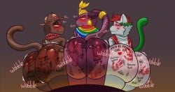 3boys ass big_ass big_butt bite_mark bite_mark_on_ass bite_marks blush body_writing butt crilix furry hat looking_at_viewer looking_back looking_back_at_viewer male_only oc original original_character original_characters rear_view red_eyes red_hair sharp_teeth smile spanish_text spank_mark spank_marks tail tattoo tattoo_on_butt text viewed_from_behind yellow_eyes