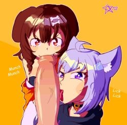 1boy 1boy2girls 2girls 2girls1boy absurd_res ahoge big_breasts biting_penis black_bra blush blushing braid breasts brown_hair brunette cat_ears catgirl clothed clothing collar dark_star_odyssey dog_ears dog_girl double_fellatio dress duo english english_text erection eyelashes fang fellatio female genitals group hair_ornament hetero hololive hololive_gamers hololive_japan huge_penis inugami_korone jacket kneeling kneeling_oral_position lavender_hair licking licking_penis light-skinned_female light_skin looking_at_viewer male male/female/female multiple_girls neckwear nekomata_okayu open_mouth oral penis pov purple_eyes red_eyes shiny_penis short_hair simple_background smirk straight sweater teeth text tongue_out unseen_male veiny_penis watermark white_outline yellow_background