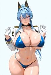 1girls ai_generated bikini blue_bikini blue_eyes blue_hair breasts female goddess_of_victory:_nikke hair_ornament helm_(nikke) huge_breasts large_breasts open_clothes simple_background thick_thighs thighs voluptuous voluptuous_female white_background