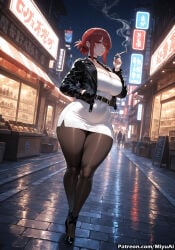 1girl ai_assisted ai_generated bangs black_footwear black_legwear blush breasts cleavage curvaceous curvy curvy_female curvy_figure female high_heels holding huge_breasts jacket looking_at_viewer miniskirt miyuai night pantyhose red_eyes red_hair sidelocks skirt solo super_no_ura_de_yani_suu_futari tayama_(super_no_ura_de_yani_suu_futari) thick thick_ass thick_butt thick_hips thick_legs thick_thighs voluptuous voluptuous_female wide_hips wide_thighs