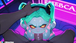 1boy 1girl 2026 2d absurd_res absurd_resolution absurdres ai_generated angry artificial_eye breasts colored_sclera colored_skin completely_nude cyberpunk cyberpunk:_edgerunners cyborg dark-skinned_male dark_skin fellatio green_eyes green_hair hand_on_another's_head head_grab hetero hi_res high_quality high_resolution highres image leg_tattoo long_hair looking_at_viewer mechanical_eye medium_breasts neon_lights nipples nude oral patreon patreon_logo patreon_username penis pov rebecca_(cyberpunk) rebecca_(edgerunners) red_sclera solo_focus tattoo twintails uncensored uncensured veins veiny_penis watermark wienergens