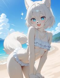 ai_generated bikini blue_eyes breasts female fluffy_tail frilled_bikini furry luna_winters underboob white_hair wolf wolf_girl wolf_tail