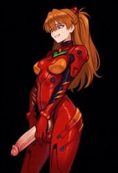 1girls ai_generated biting_own_lip black_background blue_eyes bodysuit breasts brown_hair covered_penis covered_testicles cowboy_shot cropped_legs dark_penis erection foreskin futanari futanari_masturbation gloves grin hair_between_eyes hair_ornament hairpods half-erect headgear huge_penis huge_testicles interface_headset large_penis large_testicles long_hair looking_at_penis medium_breasts neon_genesis_evangelion orange_hair parted_lips penis penis_out pilot_suit plugsuit precum purple_eyes red_bodysuit red_eyes red_gloves science_fiction simple_background skin_tight smile smirk smug solo souryuu_asuka_langley standing teeth testicles two_side_up uncensored veins veiny_penis