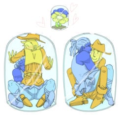 2026 2boys ballet_heels blue_(deltarune) blue_body blue_skin blush blushing bulge bulge_through_clothing bulge_under_clothes canon_couple clothed clothed_male clothes clothing color colored cowboy cowboy_hat deltarune deltarune_chapter_5 digital_drawing_(artwork) digital_media_(artwork) duo erect_penis erection erection_under_clothes erection_under_clothing flanfairy flower flowers gay gay_male in_container male male/male male_only shocked simple_background sitting_on_lap sitting_on_person stuck stuck_together surprised thighs yaoi yellow_(deltarune) yellow_body yellow_skin