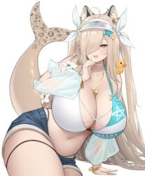 1girl absurdres ahoge animal_ears blonde_hair bracelet braid breasts bright_pupils cleavage fins fish_tail flower hair_over_one_eye heart heart_necklace highres huge_breasts indie_virtual_youtuber jewelry leopard_ears long_hair nashudoki natch_imaycz navel necklace open_mouth red_eyes rubber_duck second-party_source see-through_clothes see-through_sleeves shark_tail short_shorts shorts smile solo tail virtual_youtuber visor_cap white_flower white_pupils