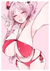 1girls alternate_costume aoielsol areola_slip bare_shoulders bikini blue_archive blush breasts cleavage covered_erect_nipples earrings female horns jewelry large_breasts long_hair looking_at_viewer mole mole_on_breast navel official_alternate_costume one_eye_closed open_mouth pink_hair red_bikini satsuki_(blue_archive) satsuki_(swimsuit)_(blue_archive) selfie shiny_skin side-tie_bikini_bottom solo swimsuit thighs very_long_hair