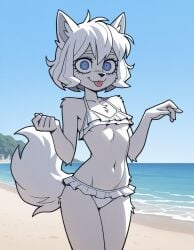 ai_generated bikini blue_eyes breasts female fluffy_tail frilled_bikini furry luna_winters underboob white_hair wolf wolf_girl wolf_tail
