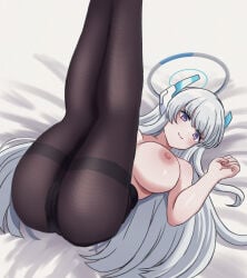 1girls ass bed bed_sheet black_pantyhose blue_archive blush breasts female halo large_breasts latte_(a_nextsystem) long_hair looking_at_viewer nipples noa_(blue_archive) panties panties_under_pantyhose pantyhose purple_eyes solo solo_female thighband_pantyhose topless topless_female underwear white_background