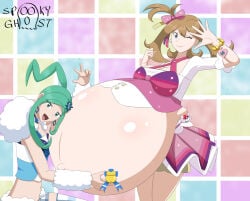 2girls brown_hair brown_hair_female green_hair green_hair_female hyper_pregnancy lisia_(pokemon) may_(pokemon) may_(pokemon_oras) pokemon pokemon_oras pokemon_rse pregnant pregnant_belly pregnant_female spooky-gh0st yuri