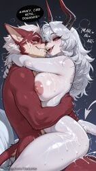 1boy 1girl ai_generated animal_ears black_horns breast_press breasts colored_skin completely_nude cum decurse demon_horns english_text furry furry_female furry_male furry_with_furry hetero horns hug interspecies large_breasts long_hair looking_at_another mole mole_under_eye nipples nude red_eyes saliva sex sharp_teeth smile speech_bubble sweat tail teeth tongue tongue_out white_hair wuthering_waves zani_(wuthering_waves)