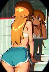 1girl ai_generated arm_support ass bathroom blonde_hair blue_eyes blue_shorts blush bra breasts chromatic_aberration cleavage dolphin_shorts dot_nose elfgens from_behind hair_ornament hairclip kousaka_kirino leaning_forward long_hair looking_at_mirror looking_at_self medium_breasts mirror ore_no_imouto_ga_konna_ni_kawaii_wake_ga_nai pink_hairclip reflection self_upload shiny shiny_skin short_shorts shorts sink solo straight_hair tile_wall tiles underwear white_bra