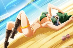 1girls beach bikini black_eyes black_pupils black_sclera boots elf elf_ears elf_female female female_only fully_black_eyes kerillian kogeikun on_back solo solo_female vermintide warhammer_(franchise) warhammer_fantasy wood_elf wood_elf_(warhammer)