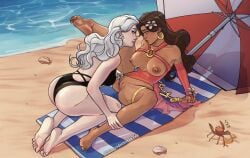 2girls almondmmilkww beach beach_background beach_towel beach_umbrella big_ass big_breasts black_cat_(marvel) black_cat_(marvel_rivals) bracelet breasts_out brown_hair color colored dark-skinned_female dark_skin detailed_background ear_piercing earrings eye_contact eyeshadow feet felicia_hardy female female/female female_only flower_in_hair functionally_nude functionally_nude_female green_eyes imminent_lesbian_sex imminent_sex jewelry leg_over_partner's_shoulder leg_over_shoulder lesbian light-skinned_female light_skin lipstick long_hair looking_at_partner makeup marvel marvel_comics marvel_rivals medium_breasts mole mole_under_eye mole_under_mouth nipple_piercing one-piece_swimsuit one-piece_swimsuit_aside outdoor_nudity outdoors outside outside_nudity pierced_nipples piercing piercings pussy_juice pussy_juice_string ring rings scarlet_witch scarlet_witch_(marvel_rivals) swimsuit thick_thighs thigh_band toe_ring toe_rings wanda_maximoff white_hair yuri
