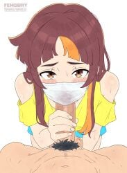 1boy 1girl absurdres bare_shoulders brown_eyes brown_hair character_request clothing_cutout copyright_request fellatio fellatio_under_mask fenqury hetero highres kneeling long_hair looking_at_viewer male_pubic_hair mask mouth_mask oral penis pubic_hair shirt shoulder_cutout solo_focus testicles yellow_shirt