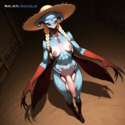 1girl ai_assisted ai_generated anime_coloring braided_pigtails chode claws colored_skin cute_face detailed_penis dynamic_angle excessive_foreskin faceless facing_viewer flaccid_penis freckles futa futanari grey_skin inverted_nipples light_brown_eyes limp_penis long_hair monster naked no_humans nude phimosis seductive_pose small_penis solo solo_futa teeth wings
