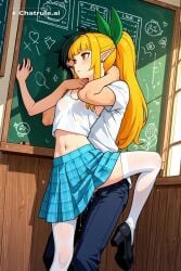 1girl against_wall ai_assisted ai_generated blonde_hair chalkboard checkered_skirt doggy_style doggy_style_sex dripping_pussy facing_forward fandeltales fey forced from_behind hand_on_back hand_on_neck head_turned long_hair looking_away looking_away_from_viewer looking_forward midriff navel no_panties official_art orange_eyes