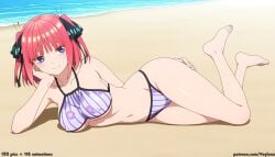 1girl 1girls absurd_res ai_assisted ai_generated anime ass beach bikini black_ribbon blue_eyes boobs breasts bubble_butt butt butterfly_hair_ornament curvaceous curvy curvy_figure go-toubun_no_hanayome hair_ornament hair_ribbon high_resolution highres hourglass_figure huge_ass huge_butt large_breasts light-skinned_female looking_at_viewer lying nakano_nino ocean on_side outdoors patreon patreon_logo patreon_username pink_hair purple_bikini sand smile striped_bikini swimsuit the_quintessential_quintuplets thick_thighs thighs veyluna voluptuous wide_hips