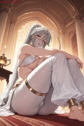 1girl ahoge ai_generated anklet arabian_clothes barefoot breasts grey_eyes hair_between_eyes harem_pants hi_res high_quality high_resolution jewelry karasuba_(sekirei) kiraamane large_breasts long_hair looking_at_viewer pants patreon seductive see-through sekirei sexy silver_hair sitting solo uncensored watermark