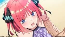 1girl 1girls absurd_res ai_assisted ai_generated anime ass beach bikini black_ribbon blue_eyes boobs breasts bubble_butt butt butterfly_hair_ornament close-up cum cum_in_mouth cum_on_face curvaceous curvy curvy_figure facial go-toubun_no_hanayome hair_ornament hair_ribbon handjob high_resolution highres holding_penis hourglass_figure huge_ass huge_butt large_breasts light-skinned_female looking_at_viewer nakano_nino open_mouth outdoors patreon patreon_logo patreon_username penis pink_hair purple_bikini sand the_quintessential_quintuplets thick_thighs thighs tongue veyluna voluptuous wide_hips
