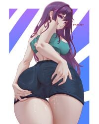 clothed clothed_female doki_doki_literature_club from_behind looking_at_viewer looking_back spread_pussy spreading wet_pussy xonart yuri_(doki_doki_literature_club)