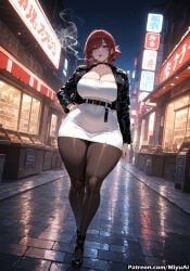 1girl ai_assisted ai_generated belt black_legwear blush breasts choker cleavage collar curvaceous curvy curvy_female curvy_figure earrings female hand_on_hip huge_breasts jacket large_breasts looking_at_viewer miyuai pantyhose red_eyes red_hair short_hair skirt smile solo super_no_ura_de_yani_suu_futari tayama_(super_no_ura_de_yani_suu_futari) thick thick_ass thick_butt thick_hips thick_legs thick_thighs voluptuous voluptuous_female wide_hips wide_thighs