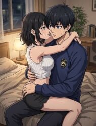 1boy 1girl ai_art ai_generated blue_lock horny_female isagi_yoichi male/female needy sitting_on_lap wanting_sex
