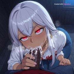 1girl 4k aged_down ahegao ai_assisted ai_generated all_the_way_to_the_base anthro_female atelier beautiful_eyes beautiful_face big_ass black_male blond_hair blue_pants bratty breath bubble_butt cum_dump cum_in_mouth cum_overflow cum_splatter cum_string curvy dark dark_skinned_male deepthroat detailed_background detailed_eyes detailed_face dim_lighting excessive_cum excessive_saliva fellatio fingernails forced_oral furry_female glossy_lips glowing_eyes long_hair red_eyes white_hair